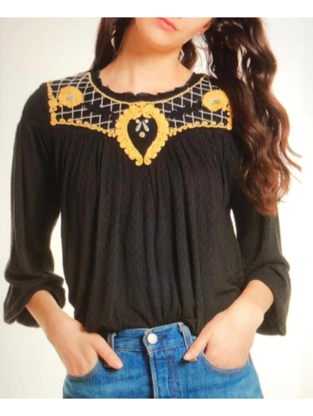 FREE PEOPLE black boho long sleeve blouse sz XS